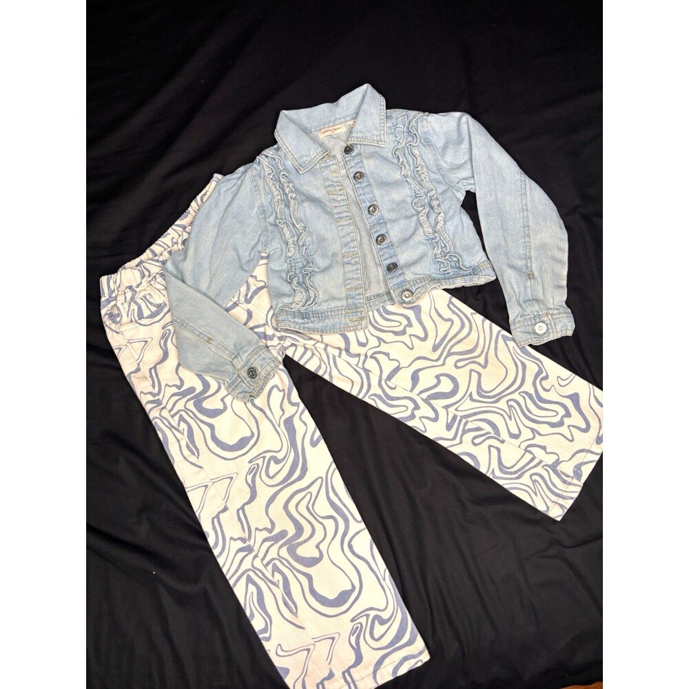 Nanette Lepore Girls Size 7 2pc Denim Jacket & Abstract Pants Set Ruffle